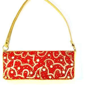 Spring Sale Jeweled & embroidered silk Cristiana clutch red & gold made in India